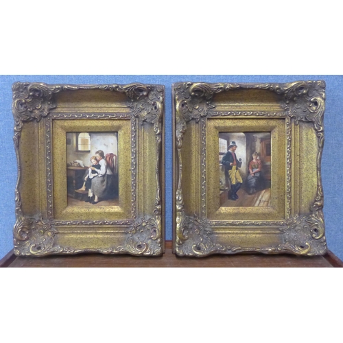 322 - A pair of Flemish style interior scenes, oil on panel, framed