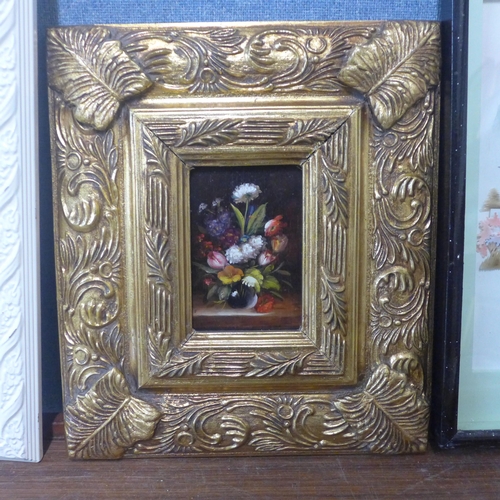 334 - A still life of flowers, oil on board, a Japanese relief picture and four other prints