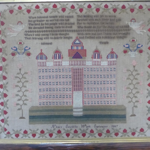 338 - A Victorian sampler by Nancy Sutcliffe, dated 1847, framed