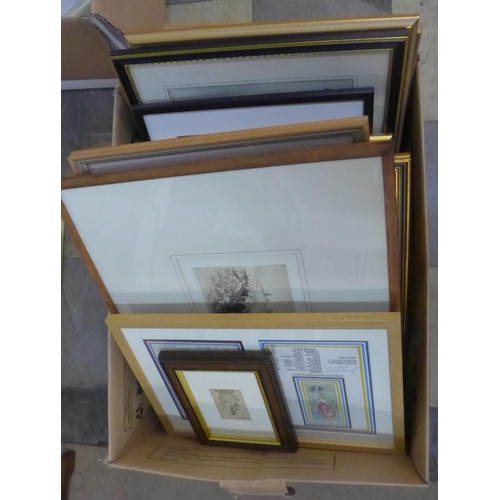 358 - Assorted prints, paintings and an embroidered firescreen