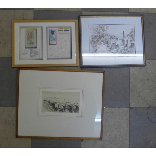 358 - Assorted prints, paintings and an embroidered firescreen