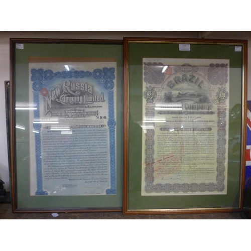 375 - Two Russian and Brazilian railway stock certificates, framed