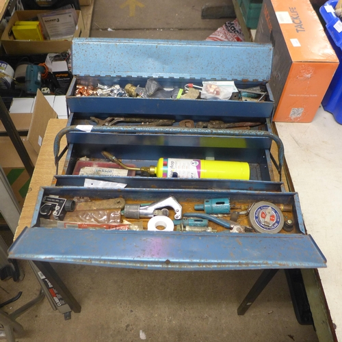 2014 - A metal cantilever toolbox with quantity of plumbing supplies