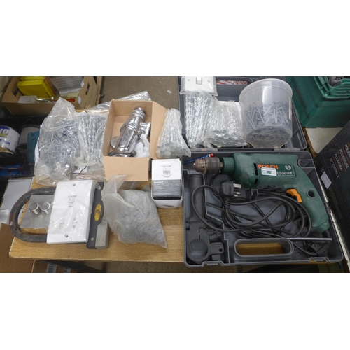 2015 - A box of assorted tools and consumables including drills, drill bits, etc.