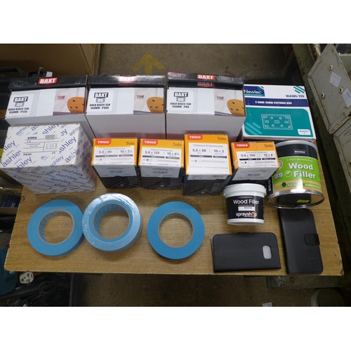 2019 - A tray of unused items; sanding discs, plug sockets, screws, tapes and wood filler