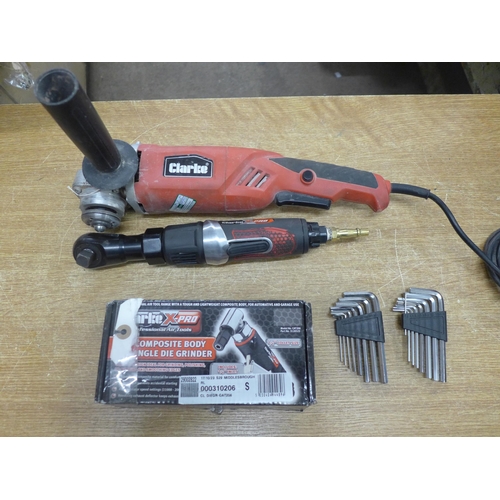 2022 - A Clarke X Pro composite body angle die grinder, allen keys, Clarke CAG800B and CAT134 grinders