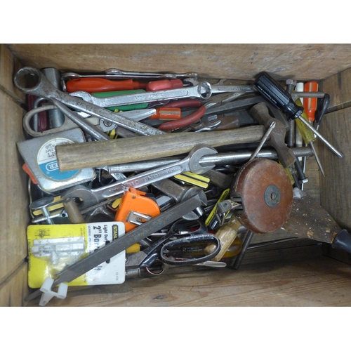 2035 - A box of assorted hand tools including- hammers, screwdrivers, tapes etc.