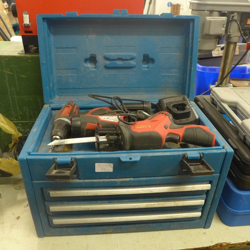 2076 - A Makita toolbox with drill bits, screwdrivers, etc., a Workzone 10.8v drill, a saw, work light, a c... 