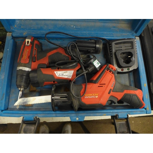 2076 - A Makita toolbox with drill bits, screwdrivers, etc., a Workzone 10.8v drill, a saw, work light, a c... 