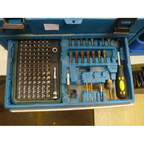 2076 - A Makita toolbox with drill bits, screwdrivers, etc., a Workzone 10.8v drill, a saw, work light, a c... 