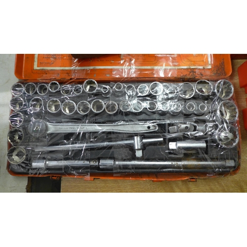 2081 - A metal tool box with assorted hand tools, spanners, socket set, saw, sledgehammer (one large, one s... 