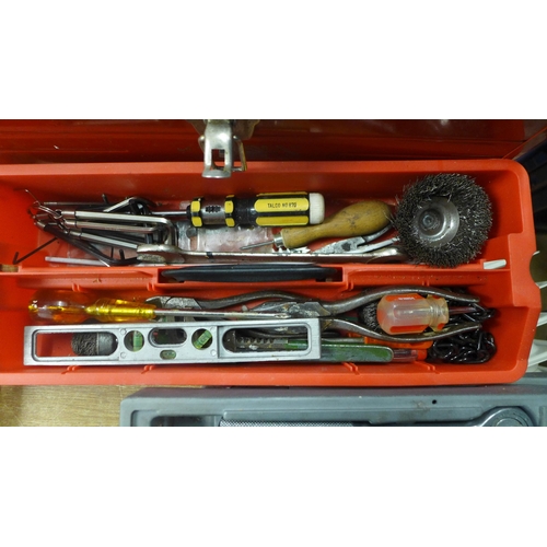 2081 - A metal tool box with assorted hand tools, spanners, socket set, saw, sledgehammer (one large, one s... 