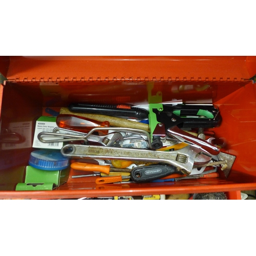 2081 - A metal tool box with assorted hand tools, spanners, socket set, saw, sledgehammer (one large, one s... 