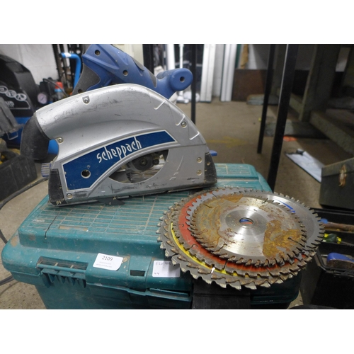 2109 - A 240v Scheppach PL55 plunge saw and a quantity of saw blades