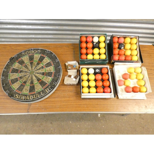 2369 - 3 sets of pool balls and a dart board