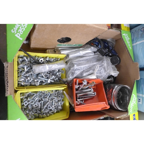 2456 - 4 Boxes of assorted DIY items including paintbrushes, screws and aprons