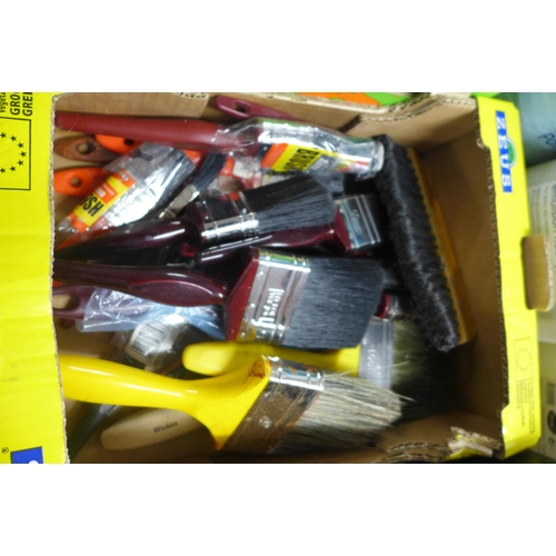 2456 - 4 Boxes of assorted DIY items including paintbrushes, screws and aprons