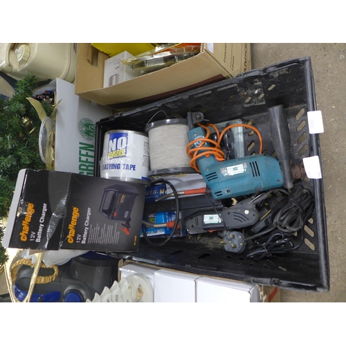 2506 - A quantity of assorted items including a Challenge 12v battery charger, a Universal surround sound s... 