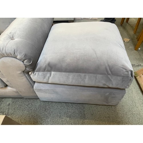 1579 - A grey velvet upholstered buttoned arm scatter back two seater sofa and cushion top footstool - dama... 