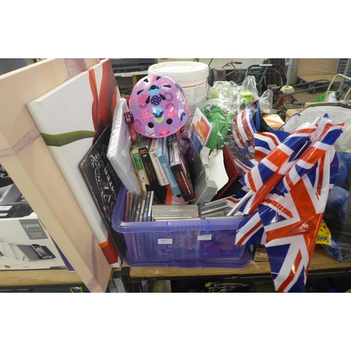 2408 - A selection of household items; Union Jack flags, girl's bike helmets, a bllind, Croc style shoes, C... 