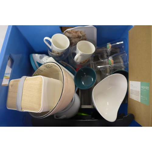 2423 - A box of household items including decorative items, glass ware, a mandolin and a Tefal iron