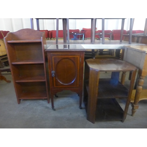 201 - An Edward VII inlaid mahogany pot cupboard, a small oak open bookcase and an oak occasional table