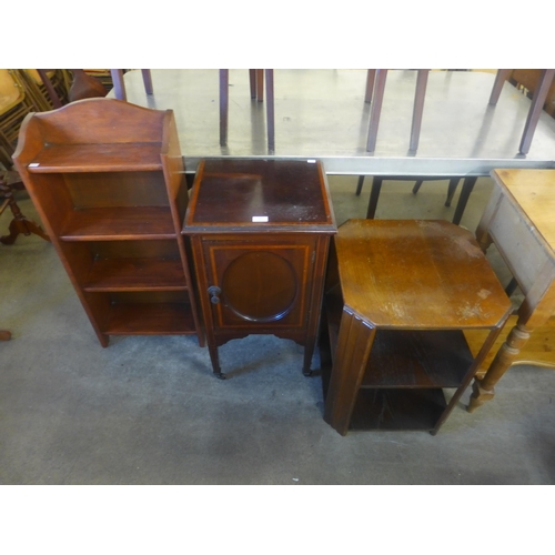 201 - An Edward VII inlaid mahogany pot cupboard, a small oak open bookcase and an oak occasional table