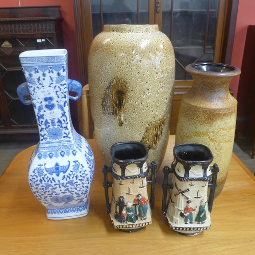 414 - Two West German pottery vase and three others