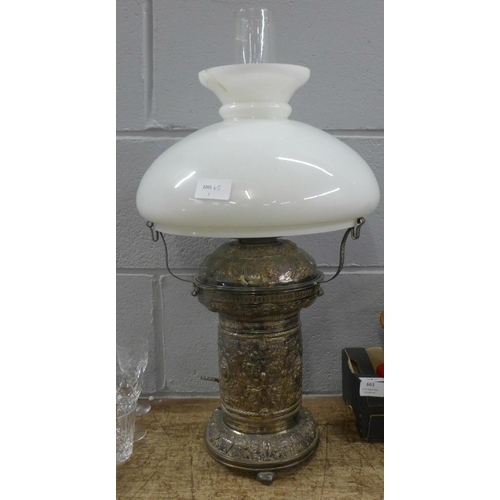 837 - An American Wanzer silver plated table lamp, with funnel and opaque glass shade, small chip to shade... 