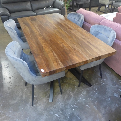 1473 - A Hoxton 'X' base dining table and four Kos grey velvet dining chairs * this lot is subject to VAT