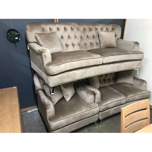 1360 - A Shane brushed gold velvet three seater sofa, two seater sofa and armchair * This lot is subject to... 