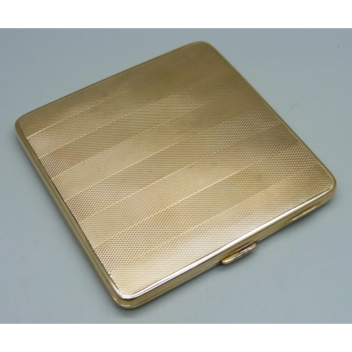 1000 - A 9ct gold cigarette case with engine turned design, internal inscription dated 1953, 80g, 8.2cm x 8... 