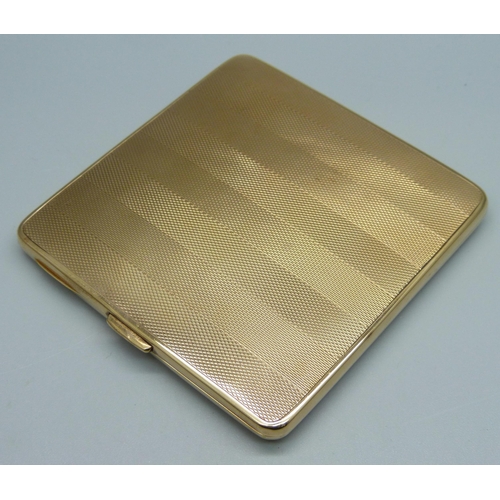 1000 - A 9ct gold cigarette case with engine turned design, internal inscription dated 1953, 80g, 8.2cm x 8... 