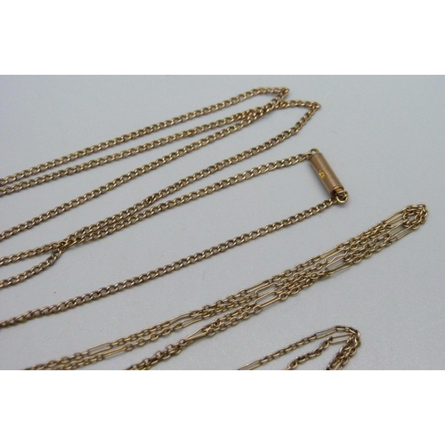 1003 - A 9ct gold curb chain necklace, a fine yellow metal figaro link guard chain, a yellow metal safety c... 