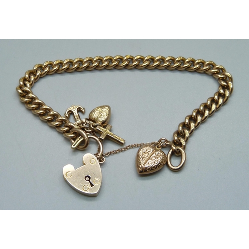 1007 - A 9ct gold curb chain bracelet, each link marked, with a faith, hope and charity charm and heart cha... 