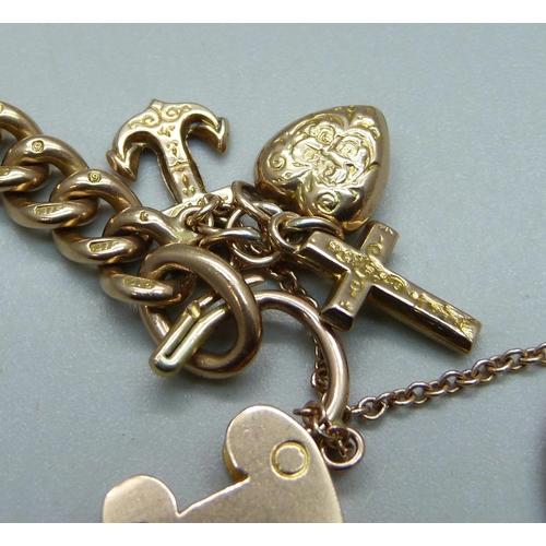 1007 - A 9ct gold curb chain bracelet, each link marked, with a faith, hope and charity charm and heart cha... 