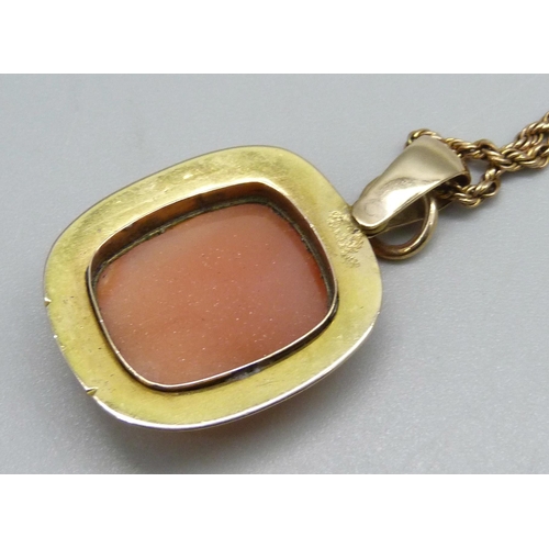 1012 - A gilt metal framed stone set pendant on a rope chain with 9ct plaque, chain 5.9g, repaired, 48cm