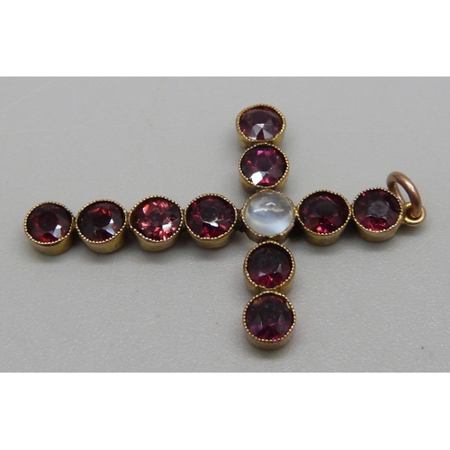 1032 - A 9ct gold, moonstone and garnet cross pendant, 2.3g, 4cm including loop