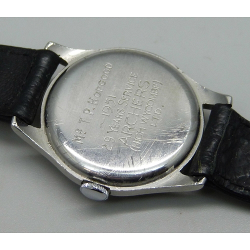 1033 - A hand wound Vertex wristwatch with long service inscription to case back, 30mm excluding crown