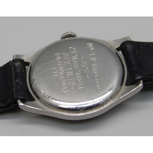 1033 - A hand wound Vertex wristwatch with long service inscription to case back, 30mm excluding crown