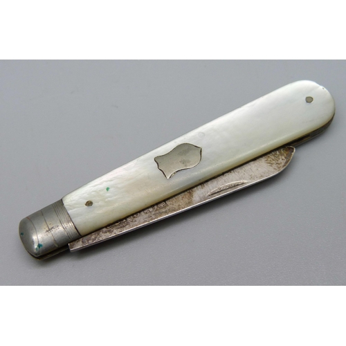 1035 - A silver and mother of pearl fruit knife, and a small silver vesta case, 14g