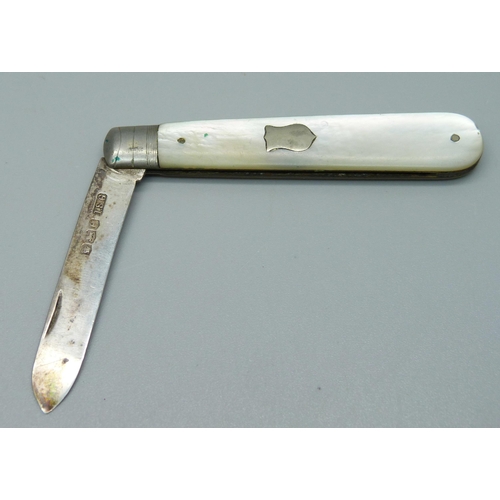 1035 - A silver and mother of pearl fruit knife, and a small silver vesta case, 14g