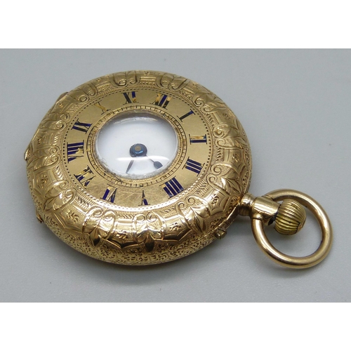 1036 - An 18ct gold half-hunter fob watch, lacking some enamel to the numerals, 33g total weight