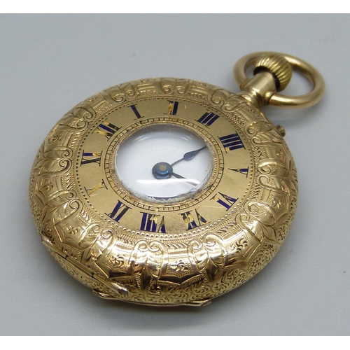 1036 - An 18ct gold half-hunter fob watch, lacking some enamel to the numerals, 33g total weight