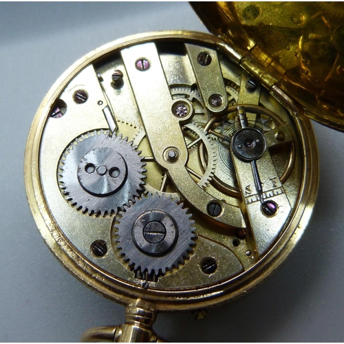 1036 - An 18ct gold half-hunter fob watch, lacking some enamel to the numerals, 33g total weight