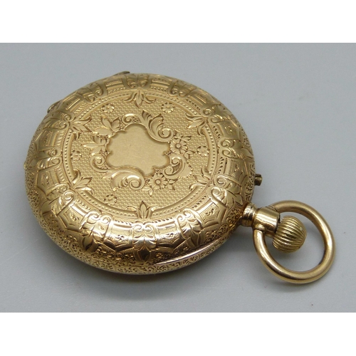 1036 - An 18ct gold half-hunter fob watch, lacking some enamel to the numerals, 33g total weight