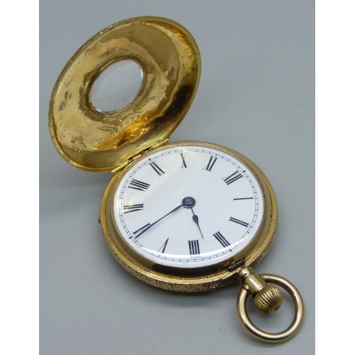 1036 - An 18ct gold half-hunter fob watch, lacking some enamel to the numerals, 33g total weight