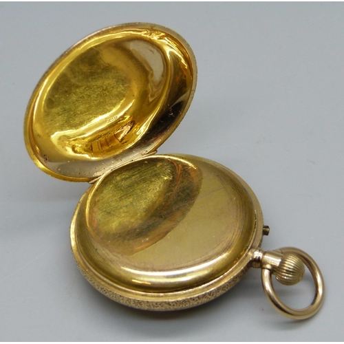 1036 - An 18ct gold half-hunter fob watch, lacking some enamel to the numerals, 33g total weight