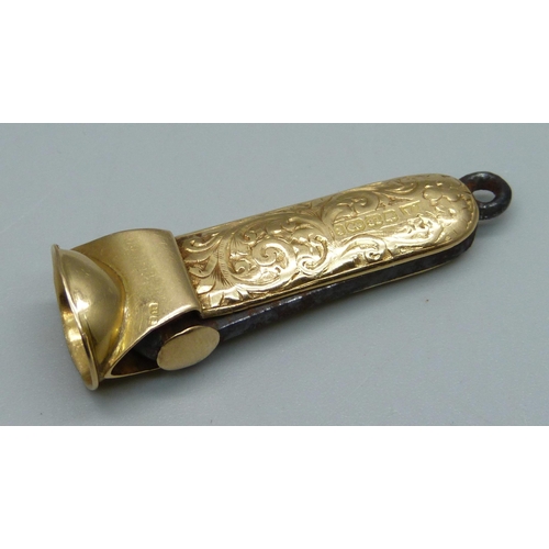 1037 - A Victorian 18ct gold cigar cutter, Birmingham 1893, John Allen, a/f misshapen