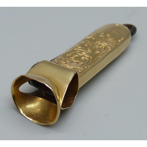 1037 - A Victorian 18ct gold cigar cutter, Birmingham 1893, John Allen, a/f misshapen